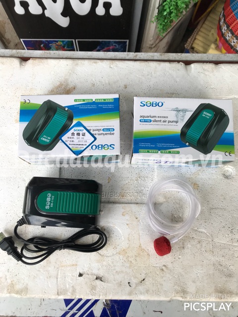 Máy sủi khí oxi  sobo aquarium sb 1102silentpump 1 vòi : tặng kem 1 quả sủi và 2 m dây sủi