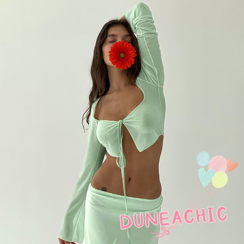 DUNEA Áo Kiểu Dài Tay Cổ Vuông Thiết Kế Quyến Rũ Thời Trang Dành Cho Nữ