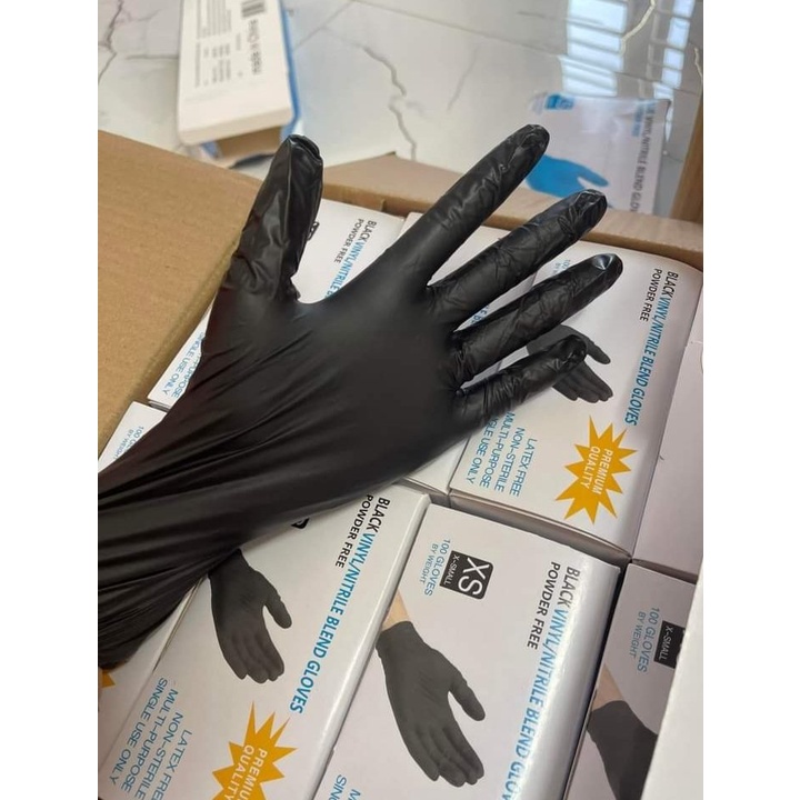 Găng tay cao su vinyl màu ĐEN không bột vinyl/nitrile blend gloves Hộp 100 chiếc dùng phun xăm, thẩm mỹ đạt tiêu ch