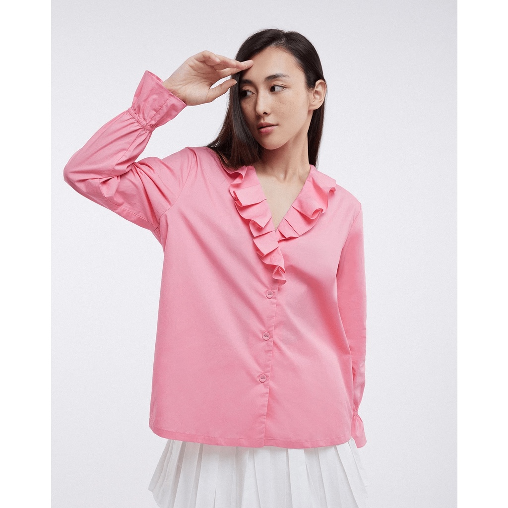 TheBlueTshirt - Áo Sơ Mi Kiểu Nữ Màu Hồng - Linnea Ruffle Shirt - Pink