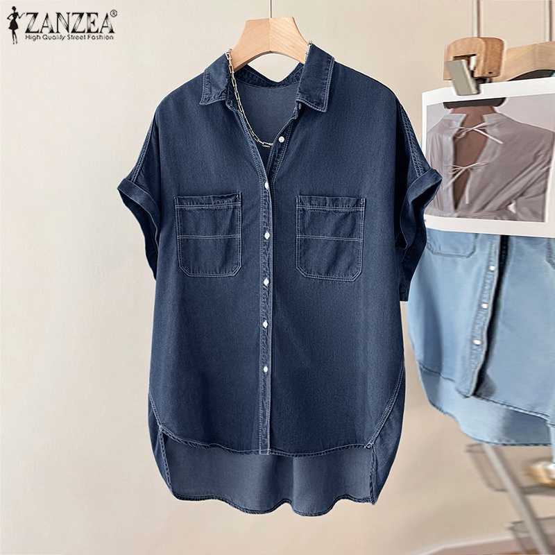Áo sơ mi ZANZEA vải denim ngắn tay dáng rộng phối túi thời trang dành cho nữ