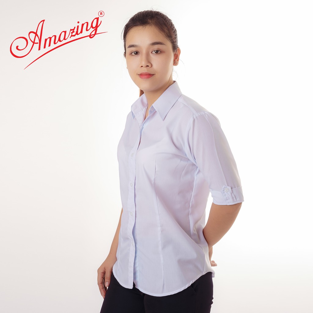 Áo sơ mi nữ trắng Amazing, đồng phục học sinh, tay cách điệu nhẹ, chiết 4 ben eo, chất vải mềm mát, 40-80kg