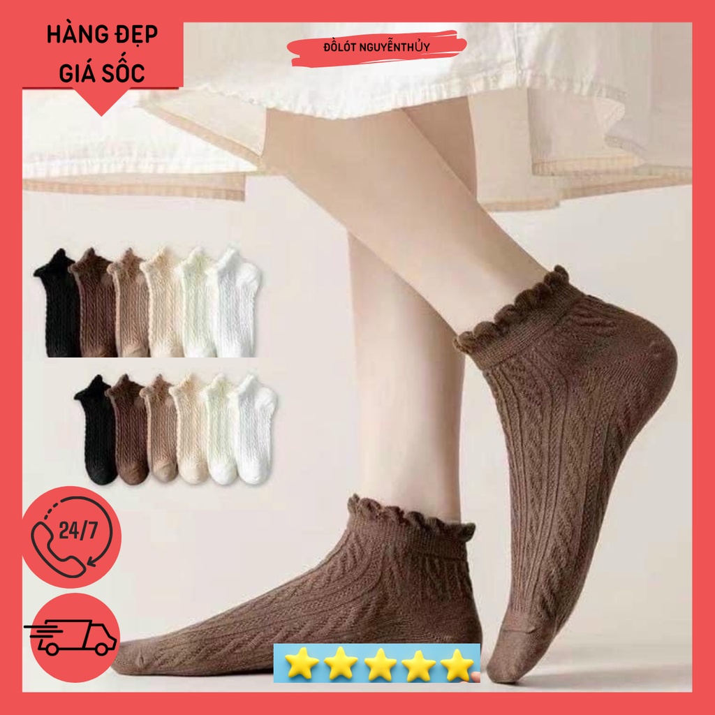 Set 5 đôi tất vớ nữ len gân viền ren tiểu thư siêu hót