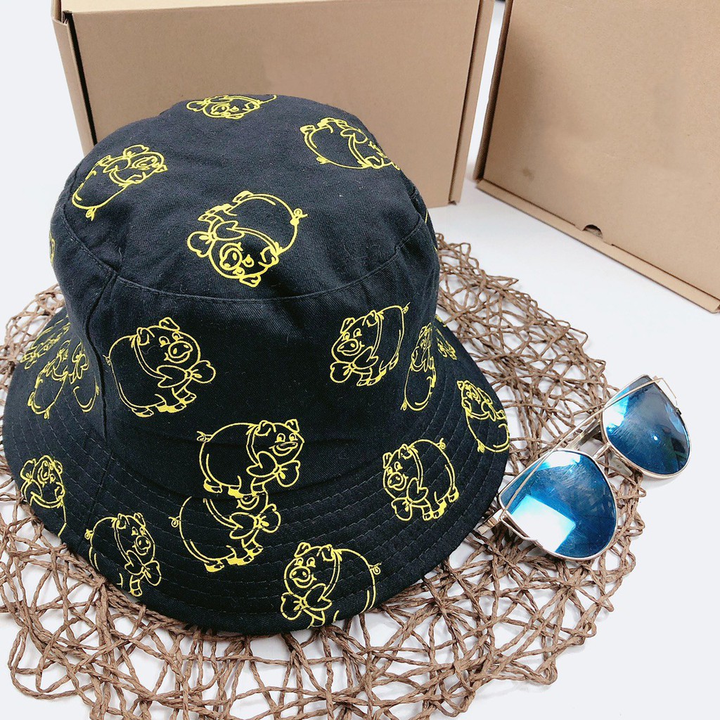 Nón Bucket, Mũ Vành Tròn Thêu Hình Con Heo B07 Phong Cách Ulzzang Unisex