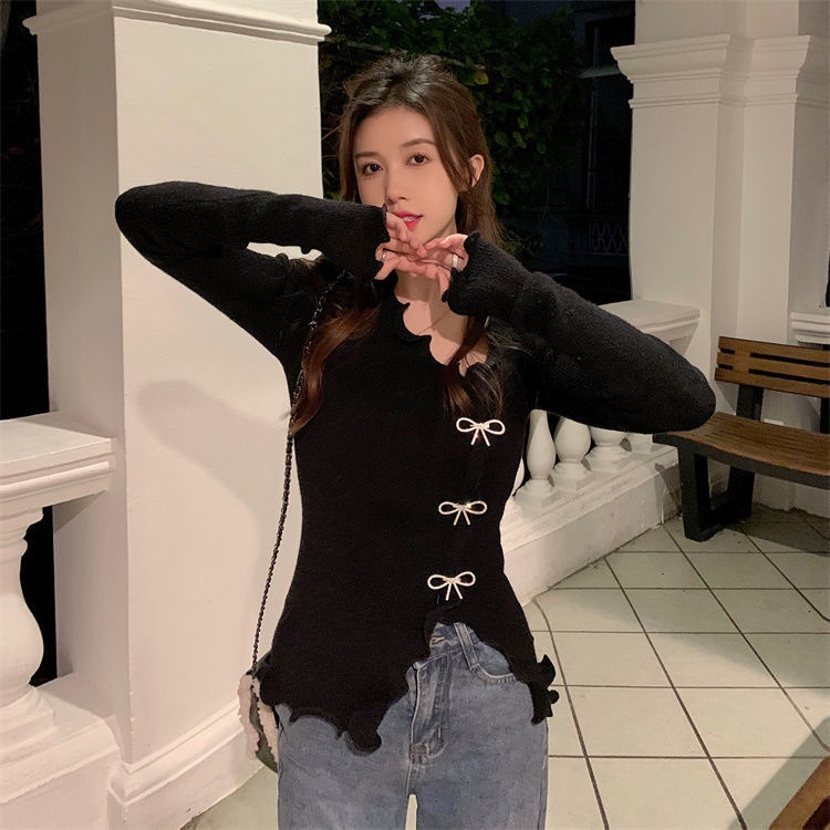 Áo len nữ cổ chữ v phối nơ thời trang