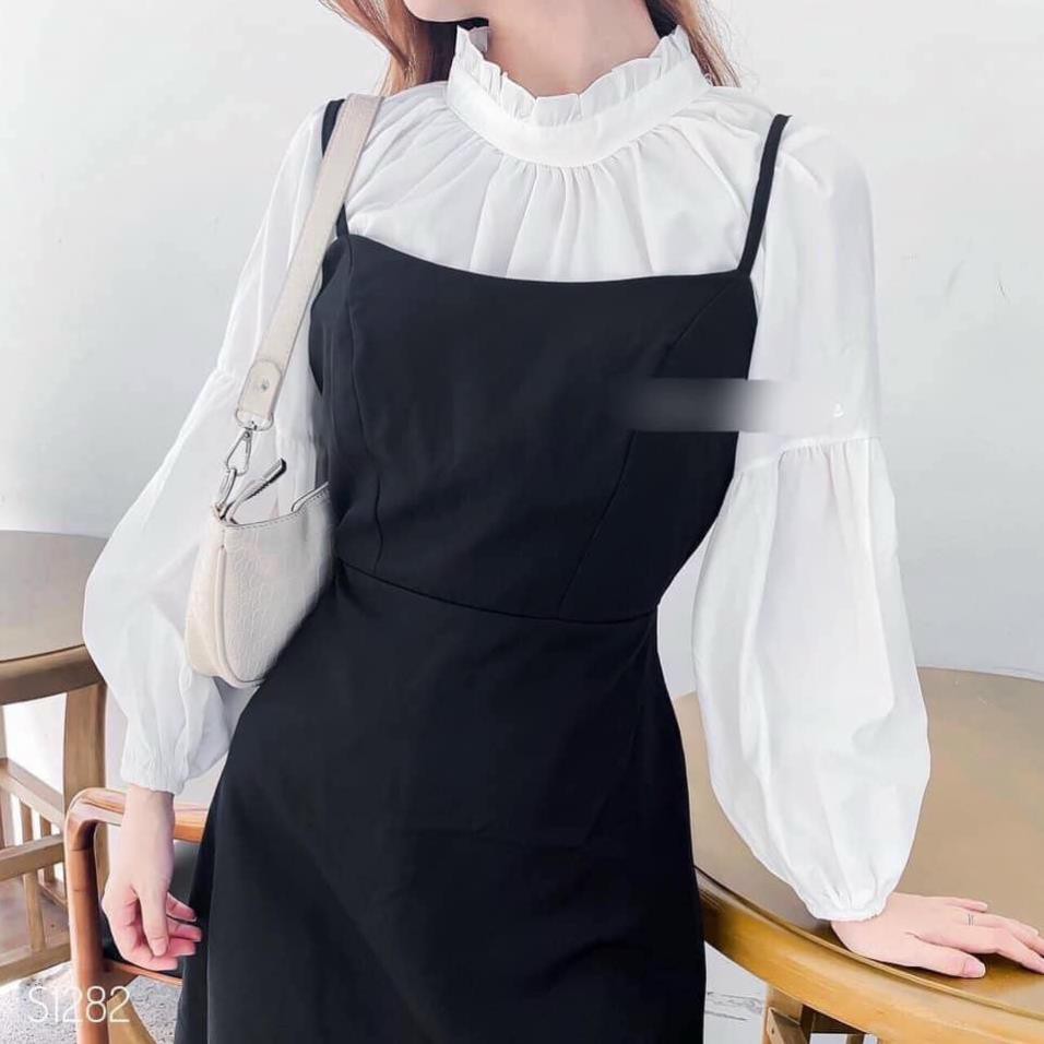 Set yếm đen và áo trắng tay phồng trắng tay dài tiểu thư xinh xắn, set áo rời dễ phối đồ, phù hợp mọi hoàn cảnh
