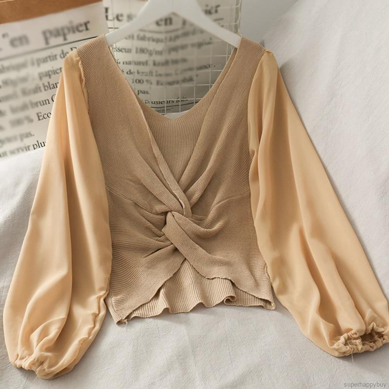 Áo Croptop Dệt Kim Thiết Kế Cổ Chữ V Quyến Rũ