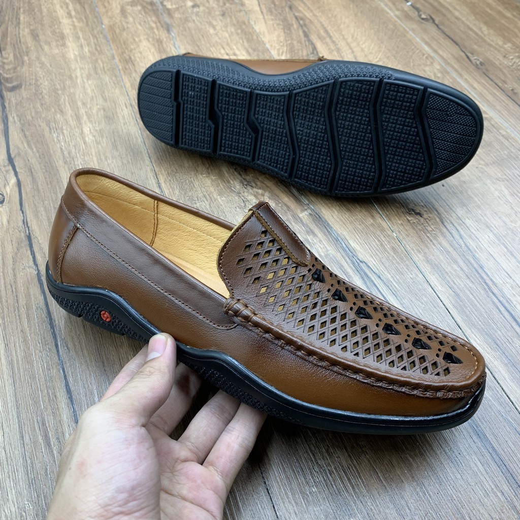 Giày Da Nam Cao Cấp - Giày Lười Da Bò THẬT 100% Thiết Kế Đục Lỗ Thoáng Chống Hôi Chân Kiểu Dáng Sang Trọng - Giày P4