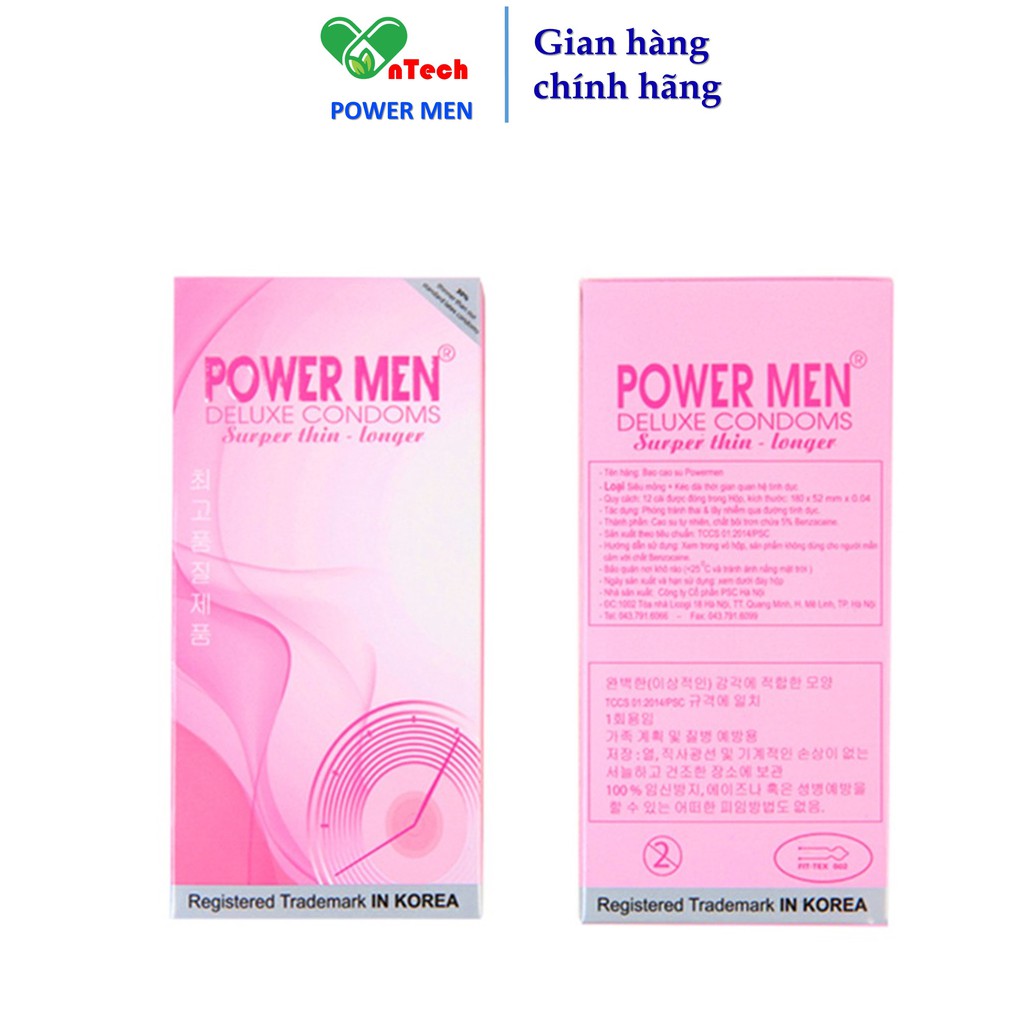 Bao cao su POWER MEN SUPER THIN LONGER siêu mỏng trơn nhiều gel chứa 5% Benzocain kéo dài thời gian hộp 12 chiếc