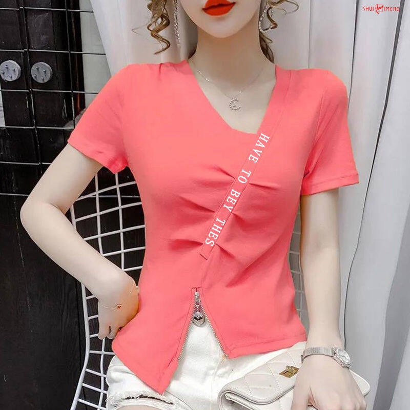 Áo Thun Cotton Tay Ngắn Cổ Chữ V Dáng Ôm Thời Trang Mùa Hè Phong Cách Hàn Quốc Cho Nữ