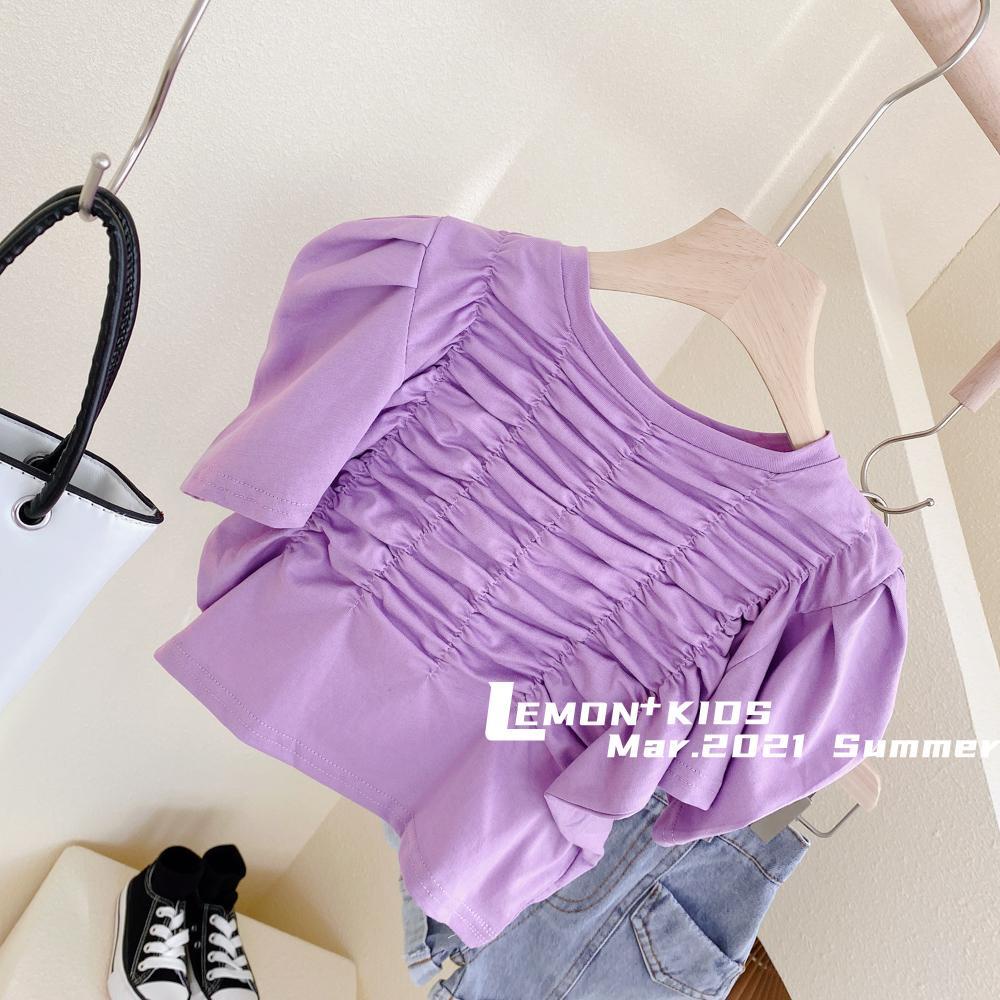 Áo Thun Cotton Tay Ngắn Phồng Xếp Ly Thoải Mái Phong Cách Âu Mỹ Thời Trang Mùa Hè Cho Bé Gái