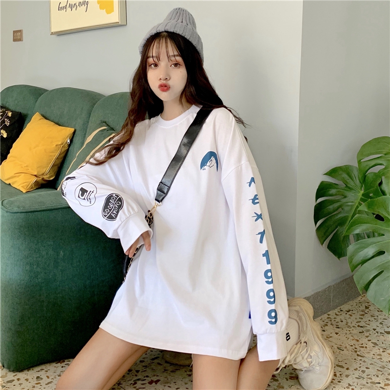 Áo sweater SUXI tay dài dáng rộng in họa tiết xinh xắn cho nữ