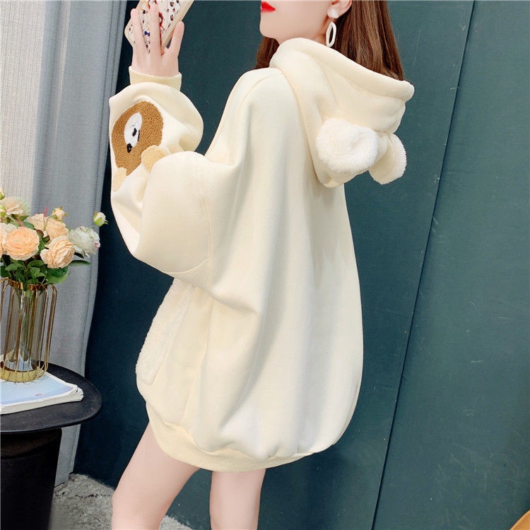 Áo Hoodie Lót Nhung Dáng Rộng In Hình Gấu Thời Trang Thu Đông Phong Cách Hàn Quốc Cho Nữ