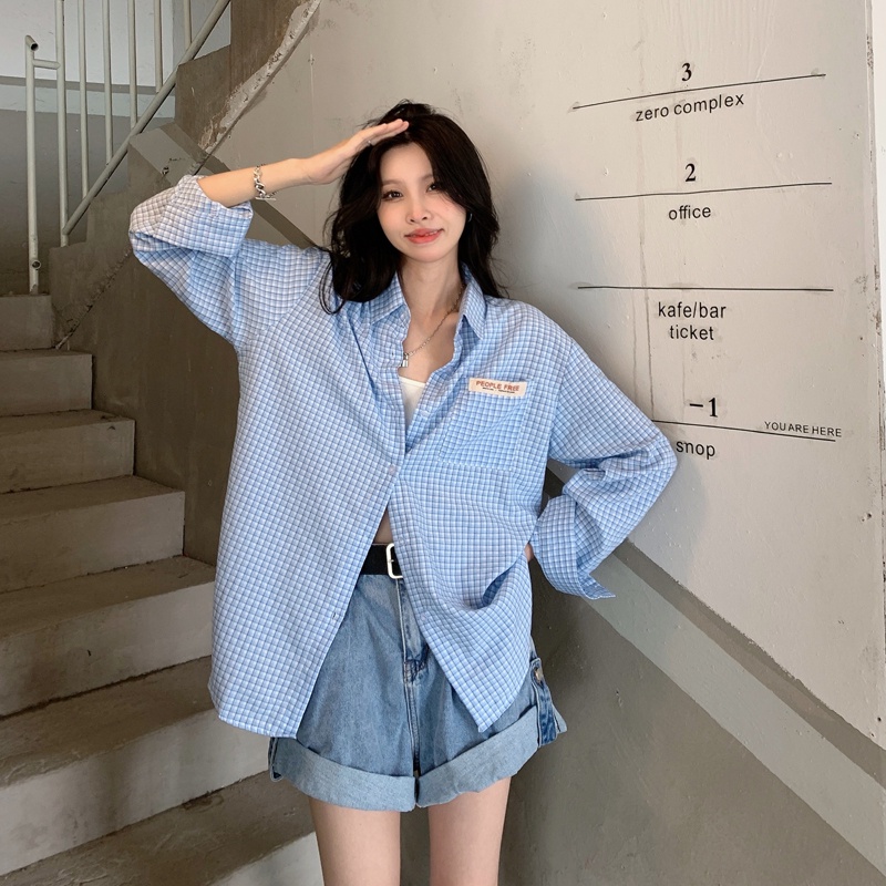 【ZHELIHANGFEI】Áo Sơ Mi Caro Tay Dài Dáng Rộng Thời Trang Cho Nữ
