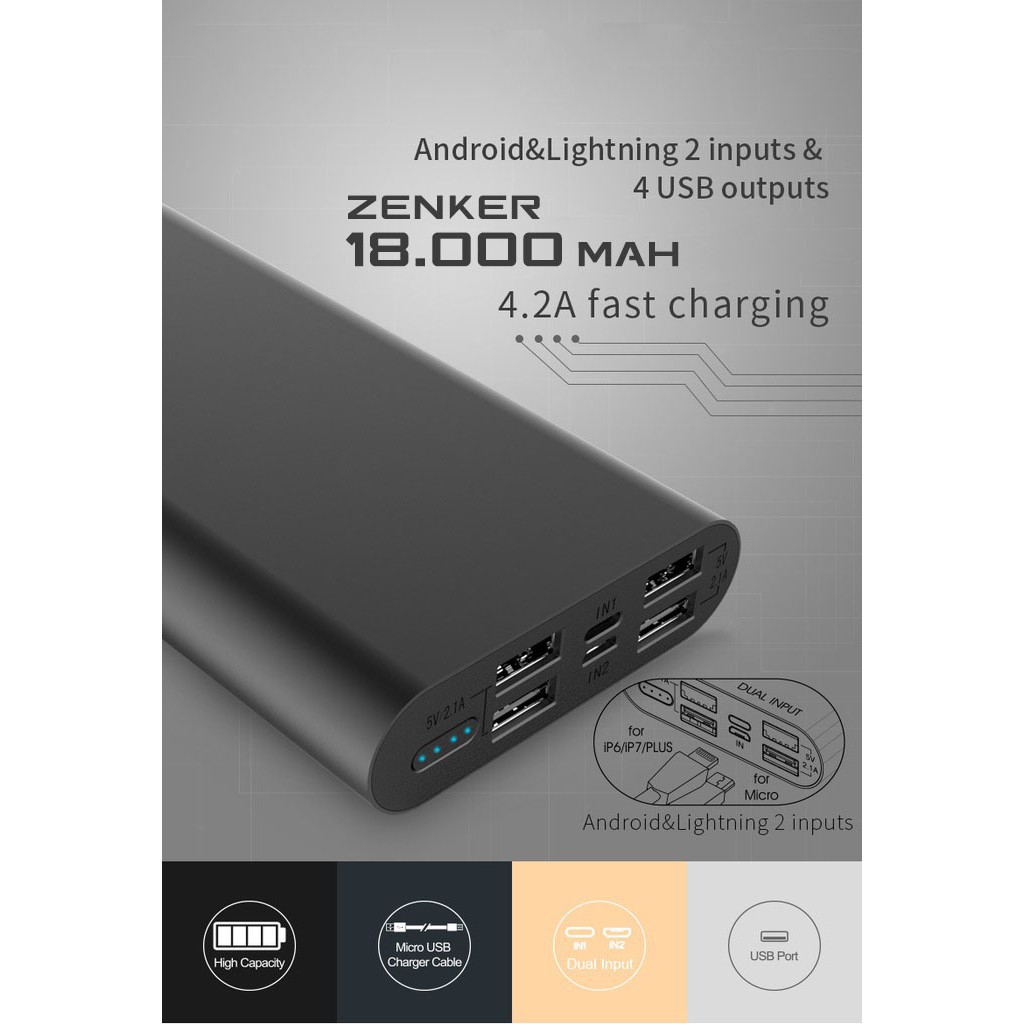 Sạc dự phòng 18000 mAh zenker 4 Cổng USB sạc nhanh - Hàng chính hãng bavok