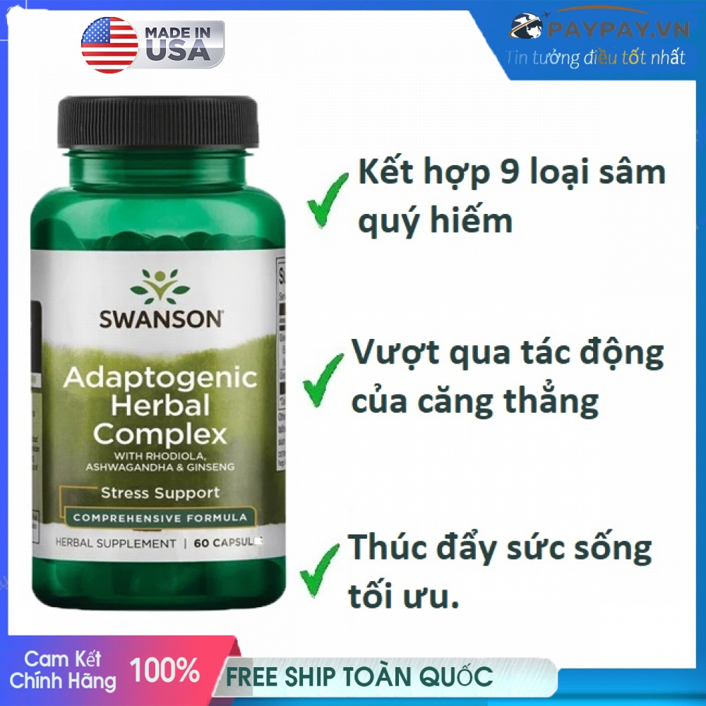 Công thức kết hợp 9 loại thảo dược sâm quý hiếm giúp giảm căng thẳng thúc đẩy sức sống Swanson Adaptogenic Herbal Comple