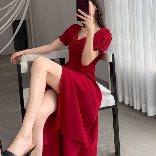 Đầm Dài Dáng Chữ a Cổ Vuông Tay Phồng Xẻ Tà Phong Cách Hepburn Cổ Điển Thời Trang Mùa Hè Kiểu Mới Cho Nữ