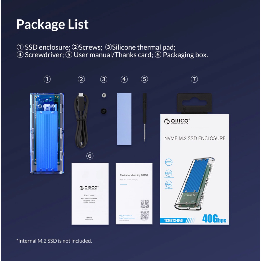 Box Nvme Orico Thunderbolt 3 40Gbps M.2 NVME SSD Enclosure  2TB Transparent