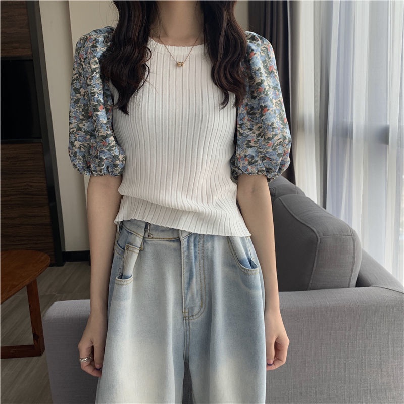 Áo IELGY tay ngắn in hoa màu xanh dương phong cách Pháp thời trang cho nữ