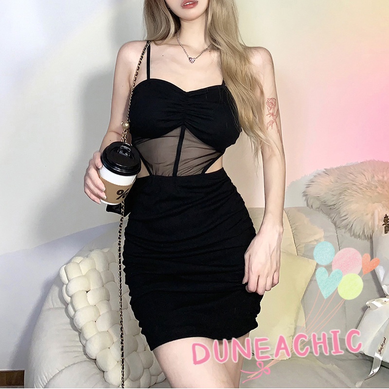 DUNEA Đầm Hai Dây Hở Lưng Phối Lưới Thời Trang Cho Nữ
