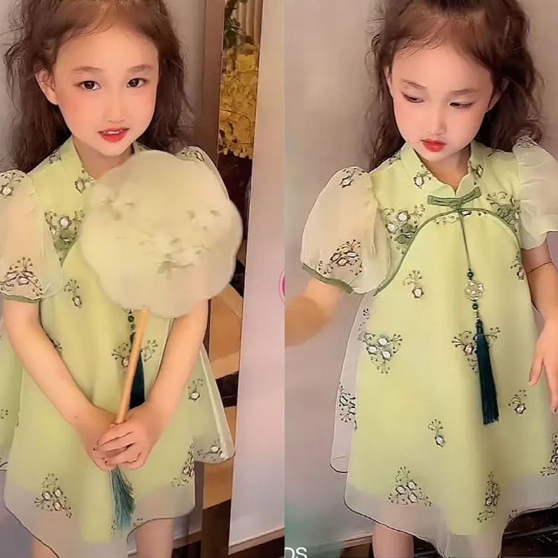 Đầm Sườn Xám Ngắn Tay Thời Trang Mùa Hè Trung Hoa Dành Cho Bé Gái