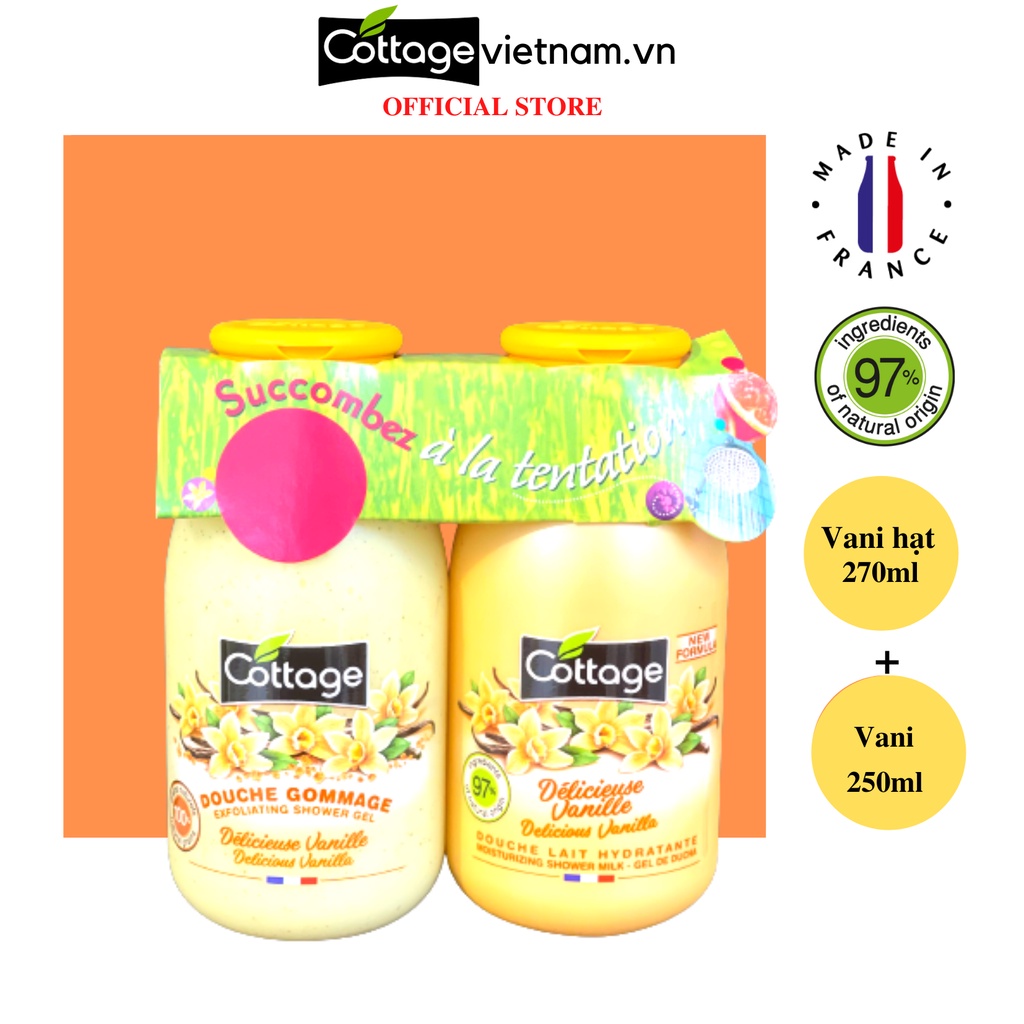 Sữa tắm dạng gel Cottage cặp chai 270ml vani hạt và 250ml vani