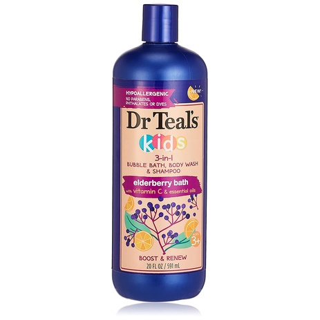 Sữa tắm, tạo bọt &amp; dầu gội cho trẻ em Dr Teal's Kids 3 in 1 Elderberry Bubble Bath, Body Wash &amp; Shampoo 591ml (Mỹ)