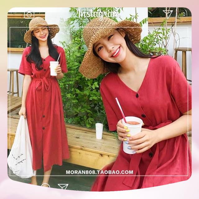 Váy vải thô dáng dài màu đỏ