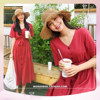 Váy vải thô dáng dài màu đỏ