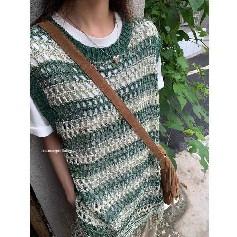 Áo Nữ Dệt Kim Không Tay Họa Tiết Sọc Ngang Thời Trang