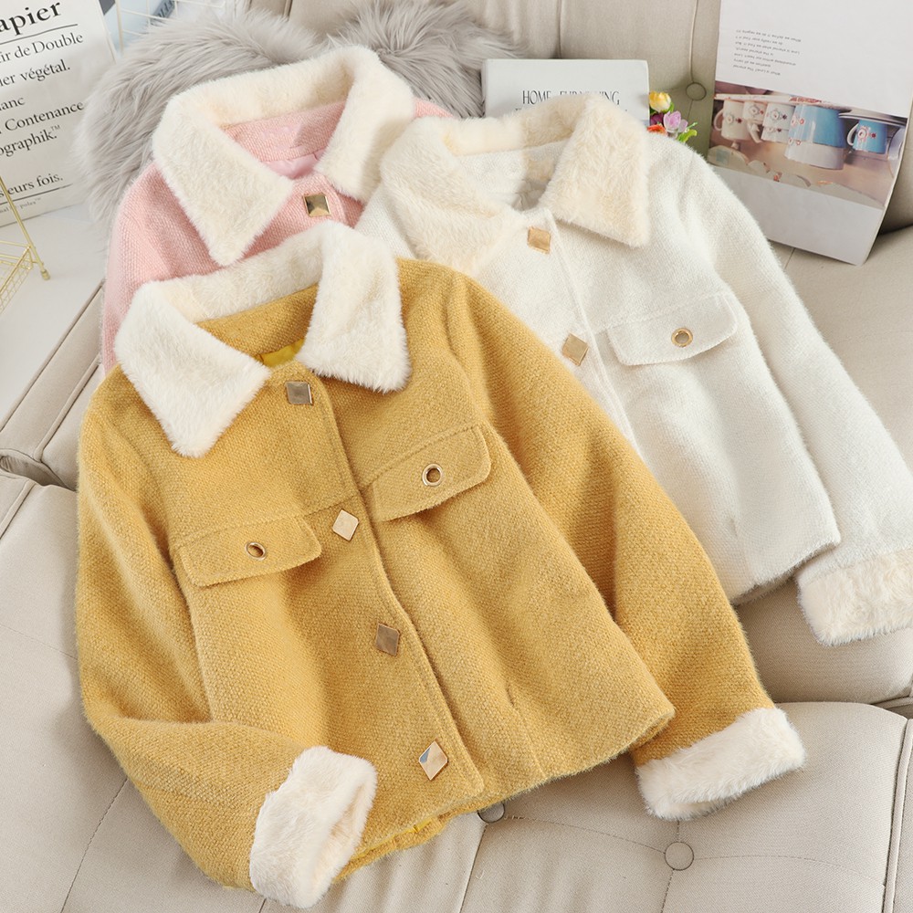 (ORDER) Áo khoác dạ lông cừu cổ tay phối lông phong cách Hàn Quốc