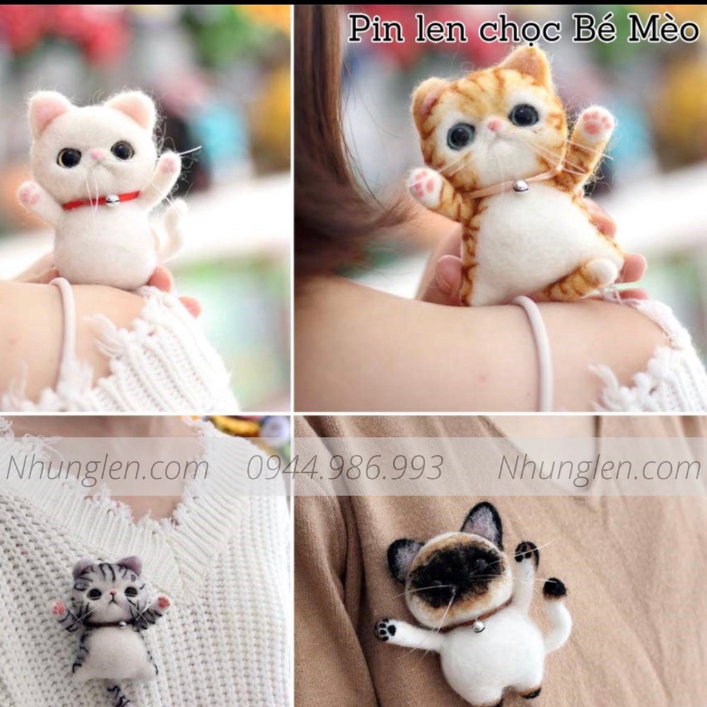 Tự làm Pin cài áo từ len chọc hình Con Mèo, Có Video hướng dẫn - Needle Felting Cat