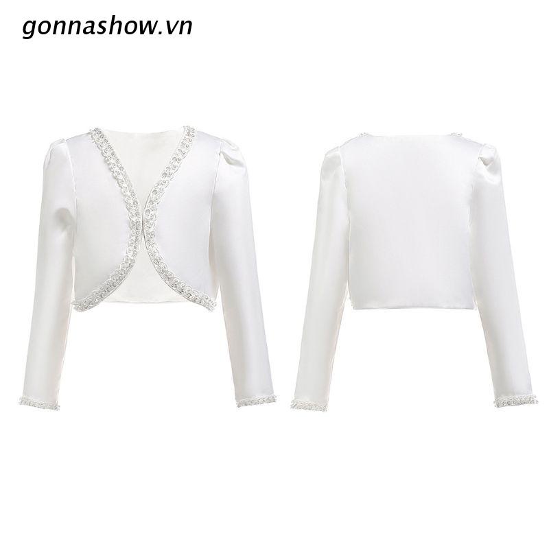 g.vn Áo khoác cardigan ngắn tay dài xếp nếp đính ngọc trai giả thủ công cho bé gái