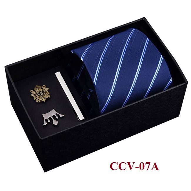 Bộ 4 món làm quà tặng gồm Cà vạt 8cm, kẹp cà vạt, 2 ghim cài áo Vest, cravat thắt sẵn khóa kéo tiện lợi