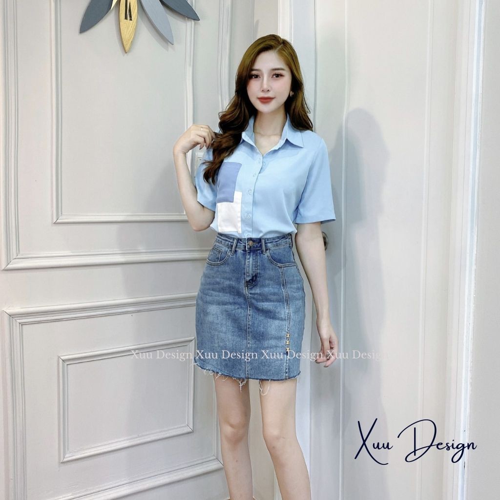 Áo sơ mi cộc tay nữ 💖Xuu Design💖 Áo kiểu nữ ngắn tay túi điệu trước ngực chất vải mềm ít nhăn SK05 xanh