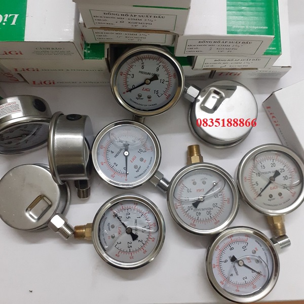 Đồng hồ đo áp suất áp lực nước hơi khí nén 5kg mặt 63 có dầu LiGi