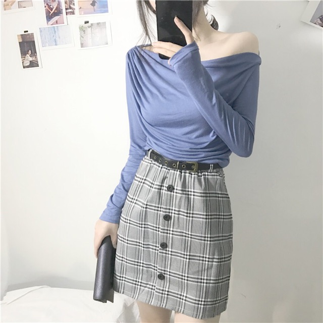 Set Váy caro và áo trễ vai xếp ly