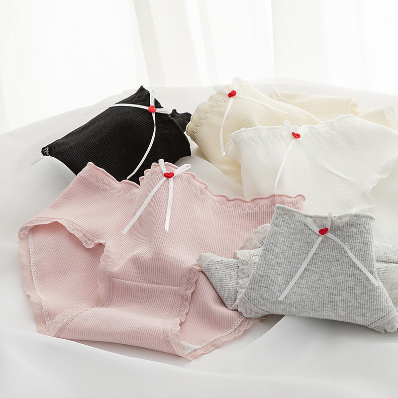 Quần Lót Nữ Cotton Tăm Tim Viền Ren Đính Nơ Dễ Thương Kháng Khuẩn Mềm Mại 2380
