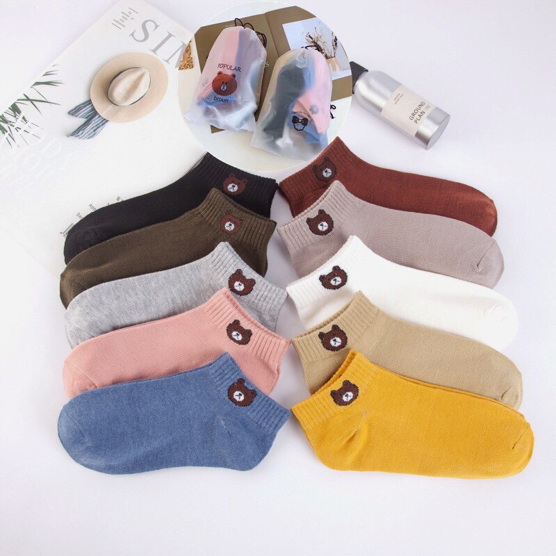 Combo 10 đôi tất nữ cổ ngắn hình gấu Kute Brown tặng kèm túi rút