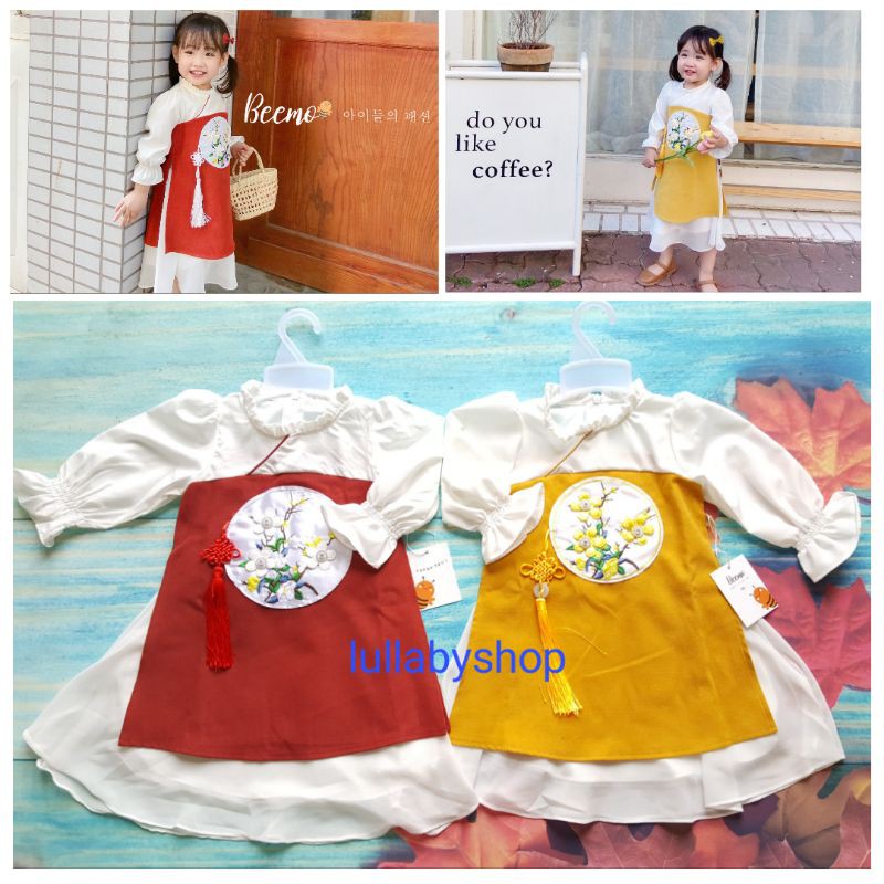 Set áo dài bé gái thêu hoa mai BEEMO, áo dài trẻ em cách tân cao cấp 9-23kg