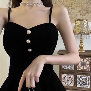 Set đầm nhung hai dây lolita xoè bồng cúc ngọc dễ thương