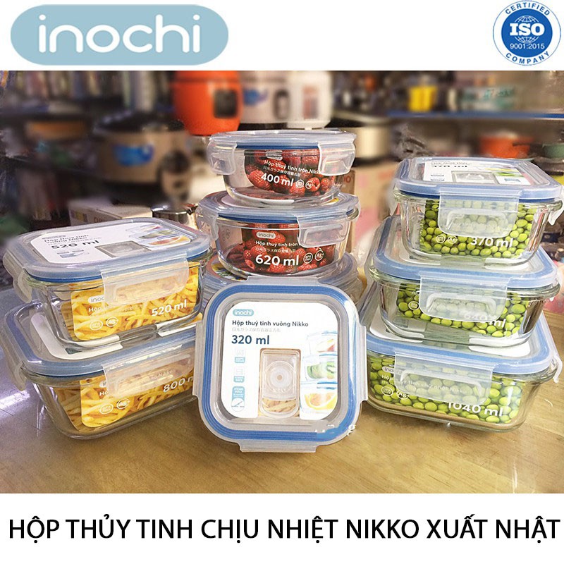 Hộp thủy tinh kháng khuẩn Inochi Nikko 320/400/520/620/950/1040ml nắp hít chân không - Hàng xuất Nhật