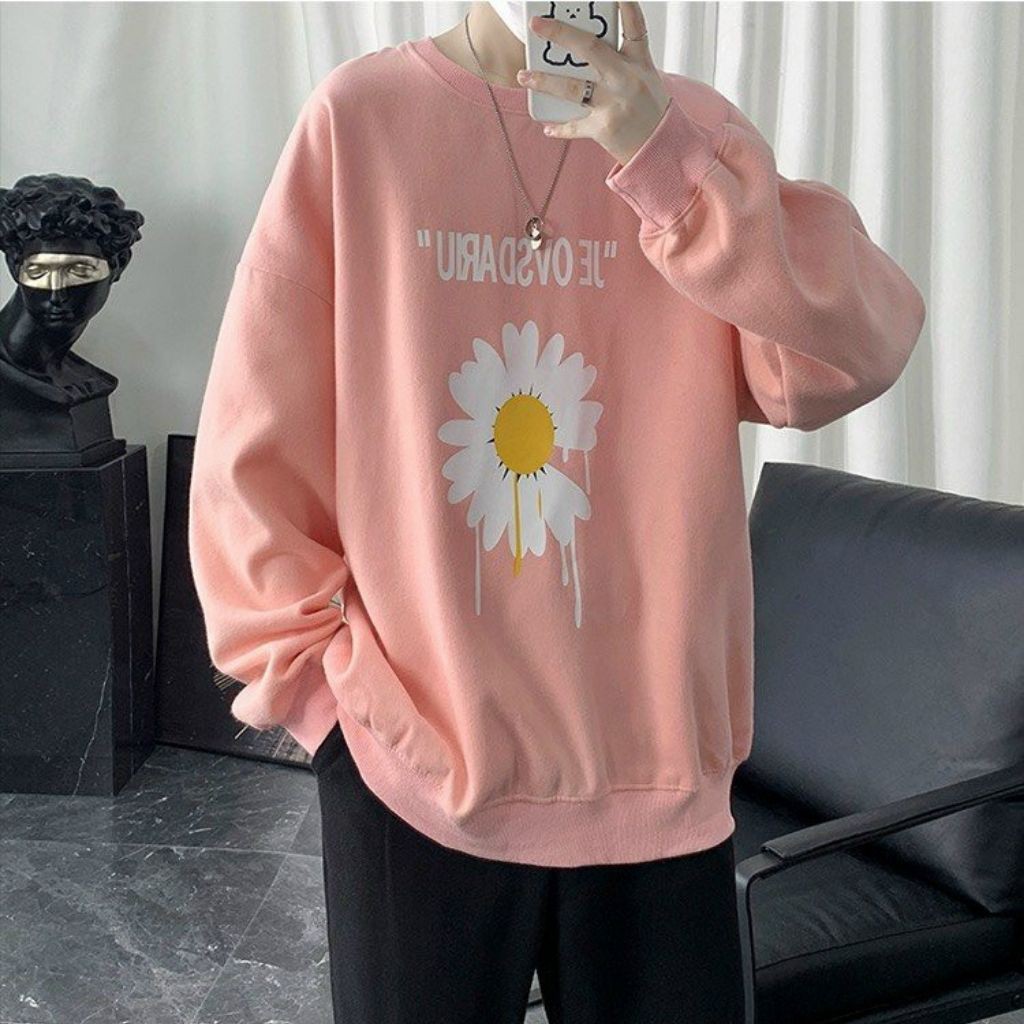ÁO SWEATER NỈ UNISEX KHÔNG NÓN IN HOA CÚC TRẮNG STYLE HÀN CỰC ĐẸP