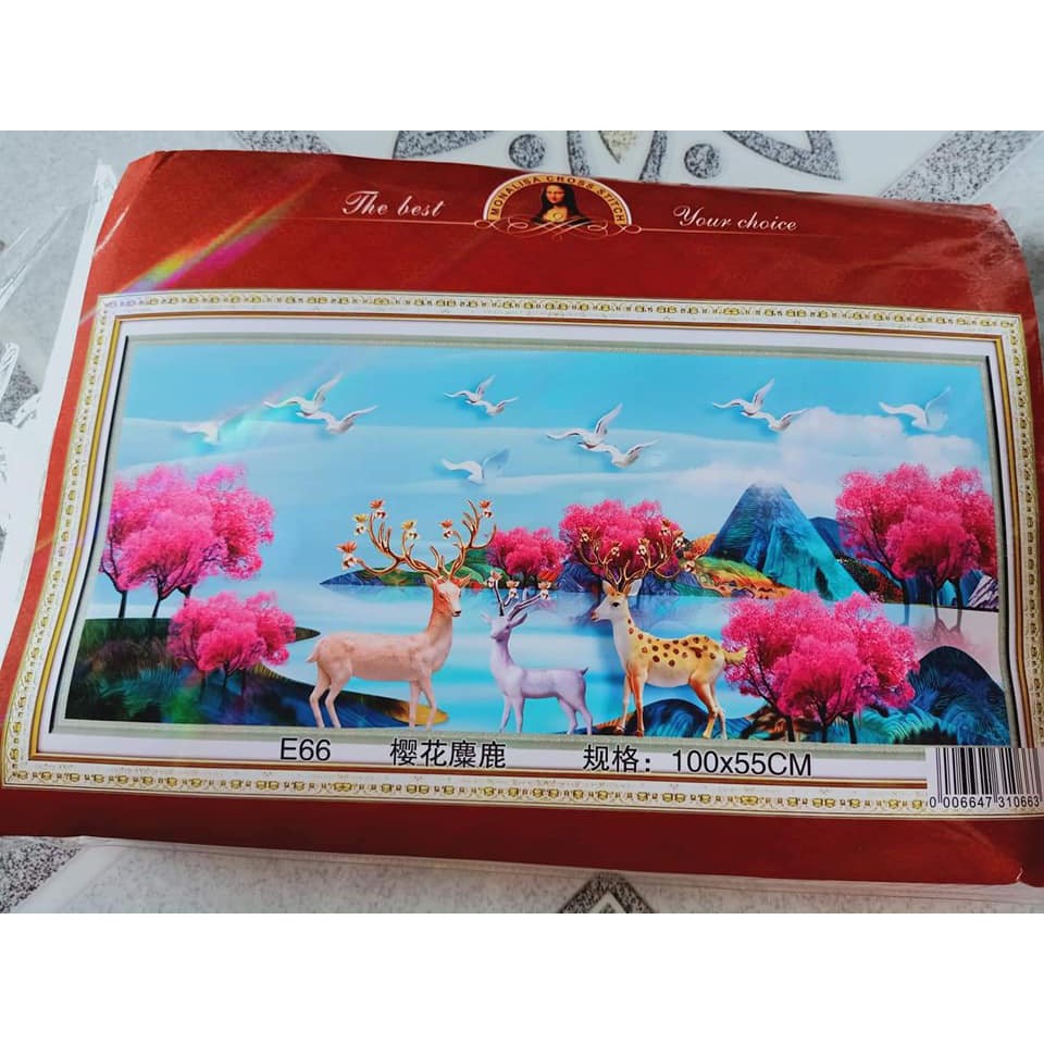 Tranh thêu kín Hươu Tài Lộc Phát Tài E66 (100x55cm) -chưa thêu