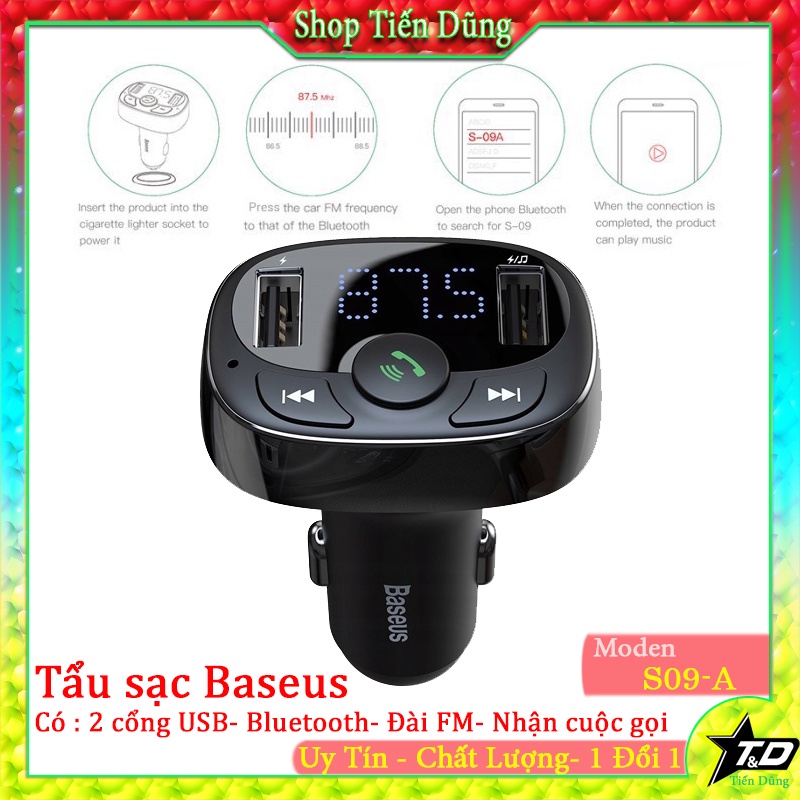 Tẩu sạc oto Baseus S09 A có thẻ nhớ TF Mp3 không dây cao cấp bluetooth điện thoại, 2 cổng sạc USB,Nhận cuộc gọi đến, led