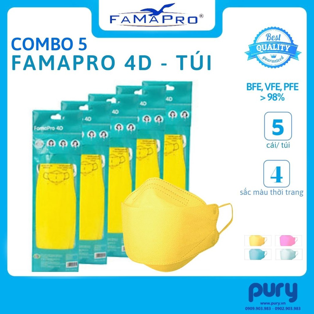 [TÚI-5 CÁI] - Khẩu trang y tế cao cấp kháng khuẩn 3 lớp Famapro 4D
