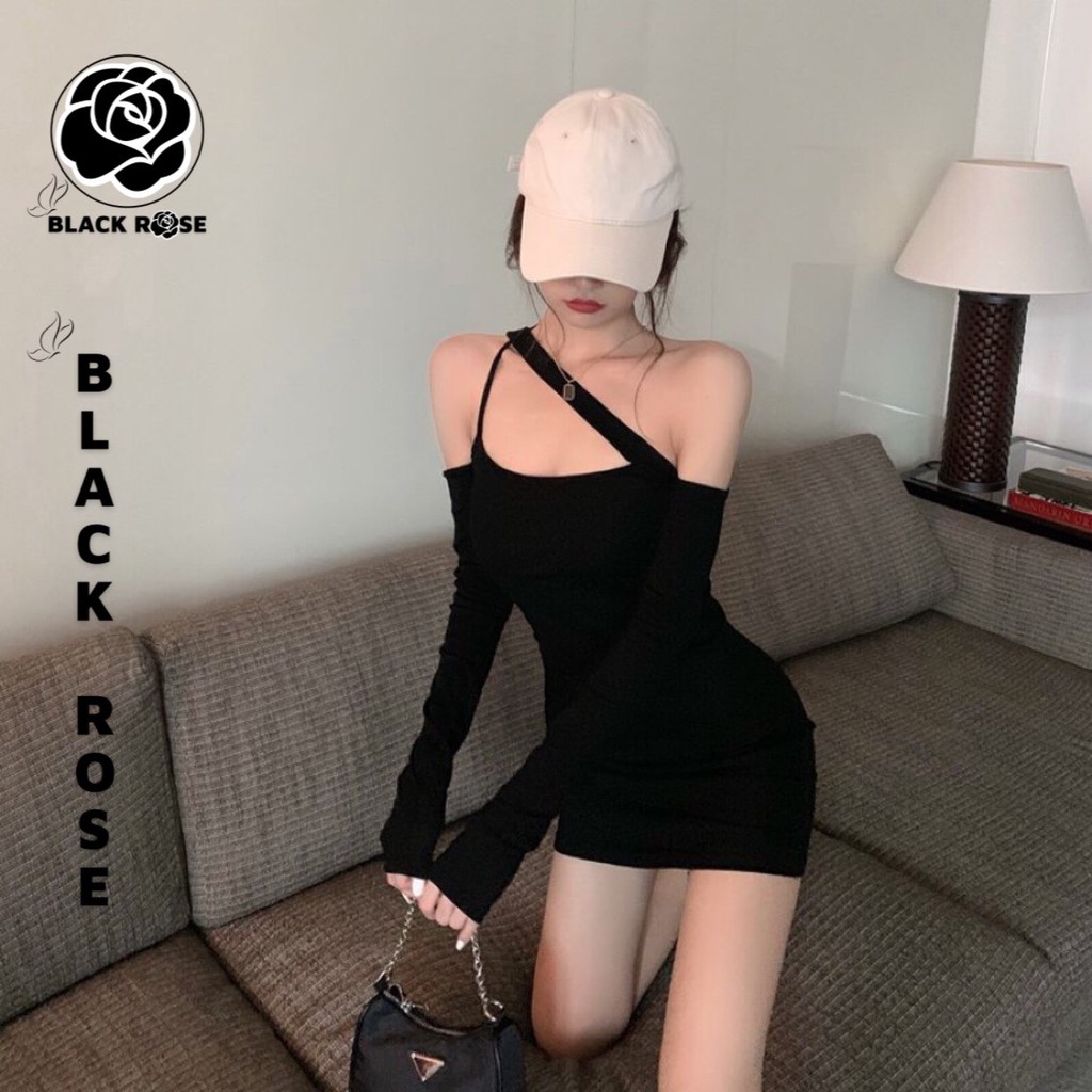 Váy Nữ Body Trễ Vai Dài Tay Black Rose Đầm Body Đen Cao Cấp Sexy- TẤM BOUTIQUE