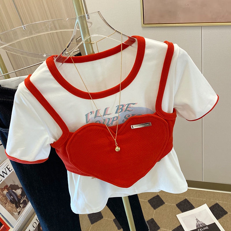 Designer red love two American blouses women's new summer cartoon printed fashion T-shirt in 2022