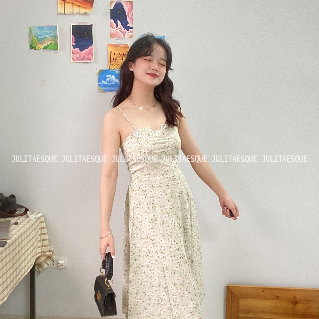 Váy hoa nhí 2 dây, đầm hoa nhí hai dây dáng dài maxi chất voan có bo chun đi biển, đi chơi - Liti Dress