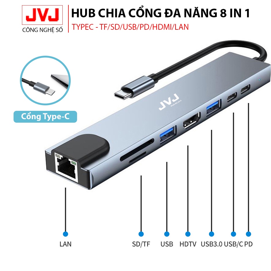 Hub USB Type-C JVJ BUL-2017L đa năng 8 Cổng HDMI USB 3.0 SD TF LAN Gigabit RJ45 tốc độ truyền mạng 100Mbps Bh 2 năm